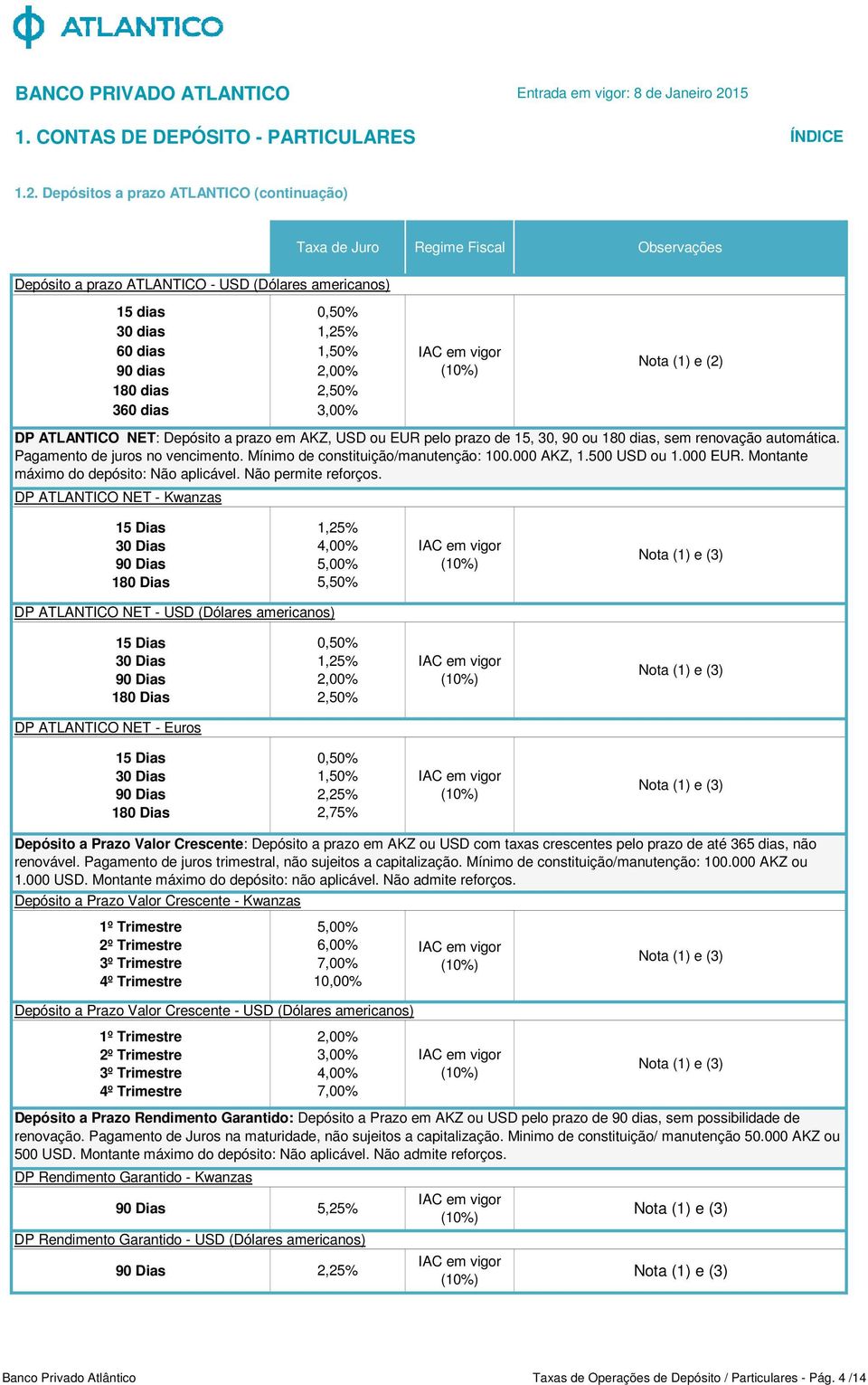 dias 3,00% e (2) DP ATLANTICO NET: Depósito a prazo em AKZ, USD ou EUR pelo prazo de 15, 30, 90 ou 180 dias, sem renovação automática. Pagamento de juros no vencimento.