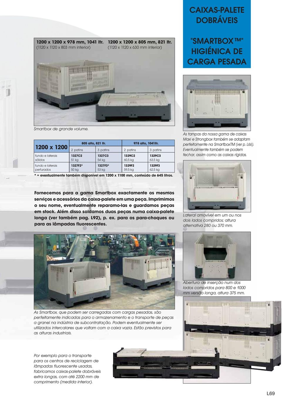 1200 x 1200 2 patins 3 patins 2 patins 3 patins fundo e laterais 1327C2 1327C3 1329C2 1329C3 sólidos 51 kg 54 kg 60,5 kg 63,5 kg fundo e laterais 1327F2* 1327F3* 1329F2 1329F3 perfurados 50 kg 53 kg