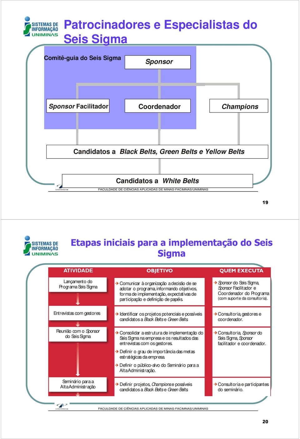 implementação, expectativas de participação e definição de papéis. Sponsor do Seis Sigma, Sponsor Facilitador e Coordenador do Programa (com suporte da consultoria).