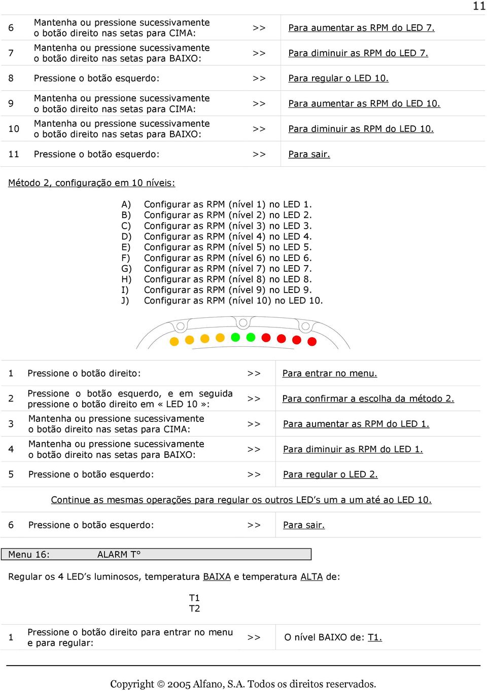 >> Para diminuir as RPM do LED 10. 11 Pressione o botão esquerdo: >> Para sair. Método 2, configuração em 10 níveis: A) Configurar as RPM (nível 1) no LED 1. B) Configurar as RPM (nível 2) no LED 2.