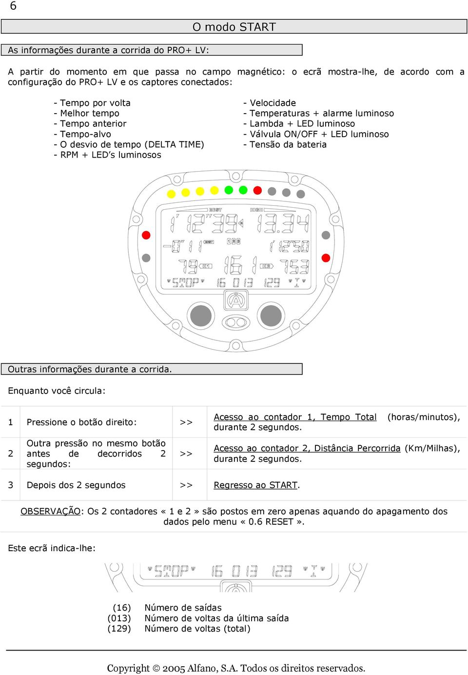 Tensão da bateria - RPM + LED s luminosos Outras informações durante a corrida.