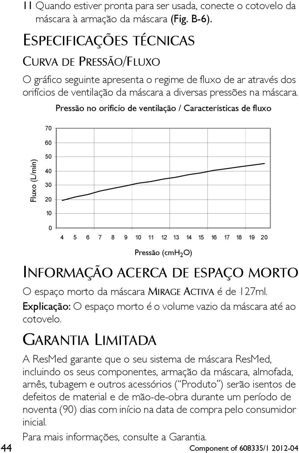 Pressão no orificio de ventilação / Características de fluxo 70 60 Fluxo (L/min) 50 40 30 20 10 0 4 5 6 7 8 9 10 11 12 13 14 15 16 17 18 19 20 44 INFORMAÇÃO ACERCA DE ESPAÇO MORTO O espaço morto da