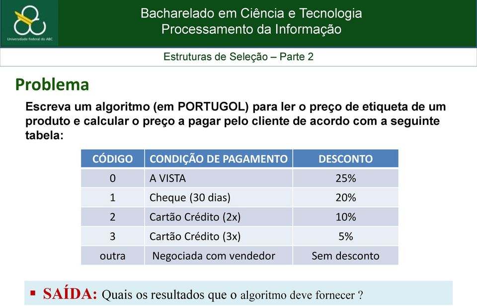 PAGAMENTO DESCONTO 0 A VISTA 25% 1 Cheque (30 dias) 20% 2 Cartão Crédito (2x) 10% 3 Cartão