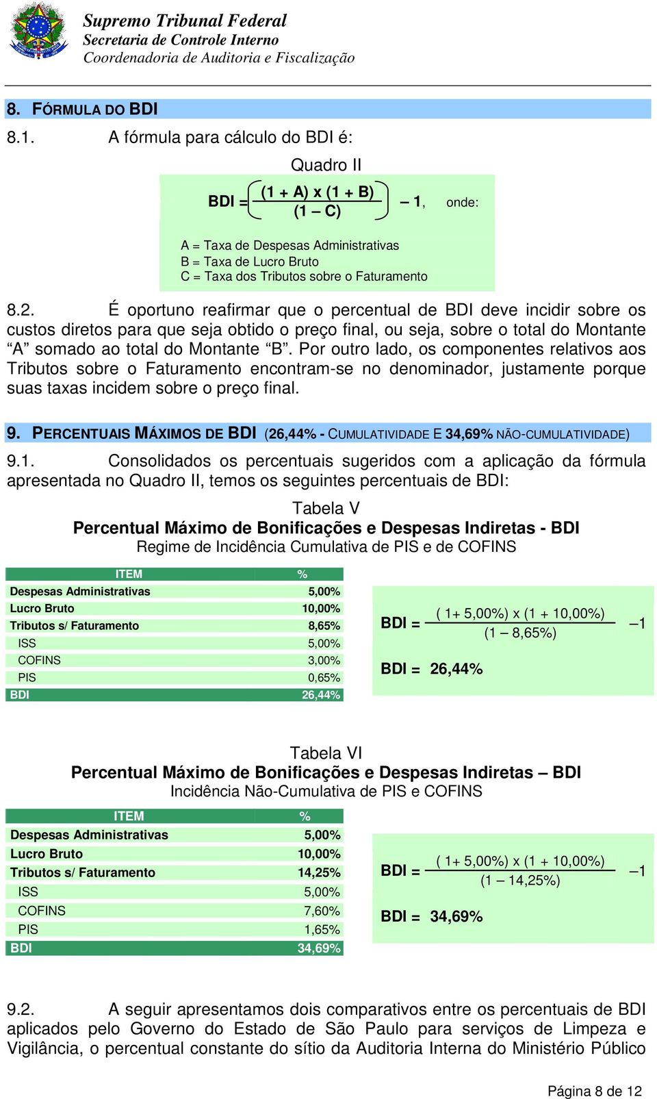 É oportuno reafirmar que o percentual de BDI deve incidir sobre os custos diretos para que seja obtido o preço final, ou seja, sobre o total do Montante A somado ao total do Montante B.