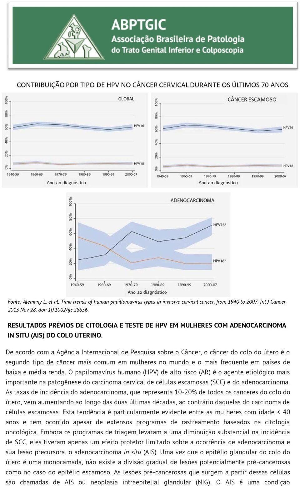 De acordo com a Agência Internacional de Pesquisa sobre o Câncer, o câncer do colo do útero é o segundo tipo de câncer mais comum em mulheres no mundo e o mais freqüente em países de baixa e média