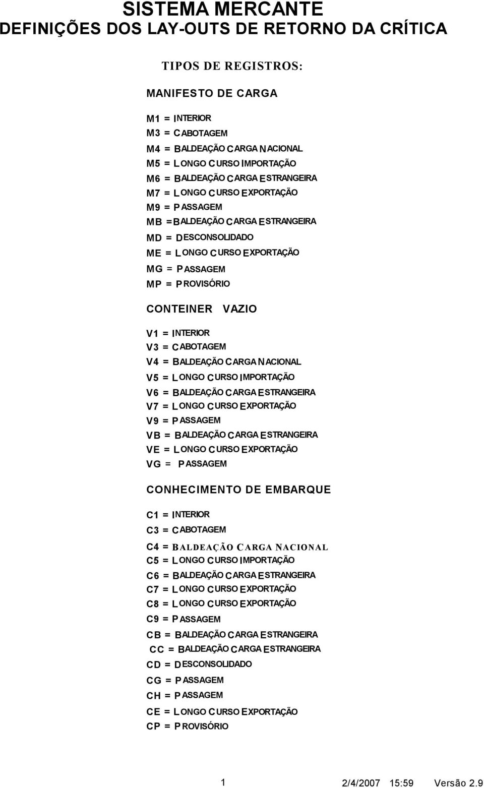 = INTERIOR V3 = CABOTAGEM V4 = BALDEAÇÃO CARGA NACIONAL V5 = LONGO CURSO IMPORTAÇÃO V6 = BALDEAÇÃO CARGA ESTRANGEIRA V7 = LONGO CURSO EXPORTAÇÃO V9 = PASSAGEM VB = BALDEAÇÃO CARGA ESTRANGEIRA VE =