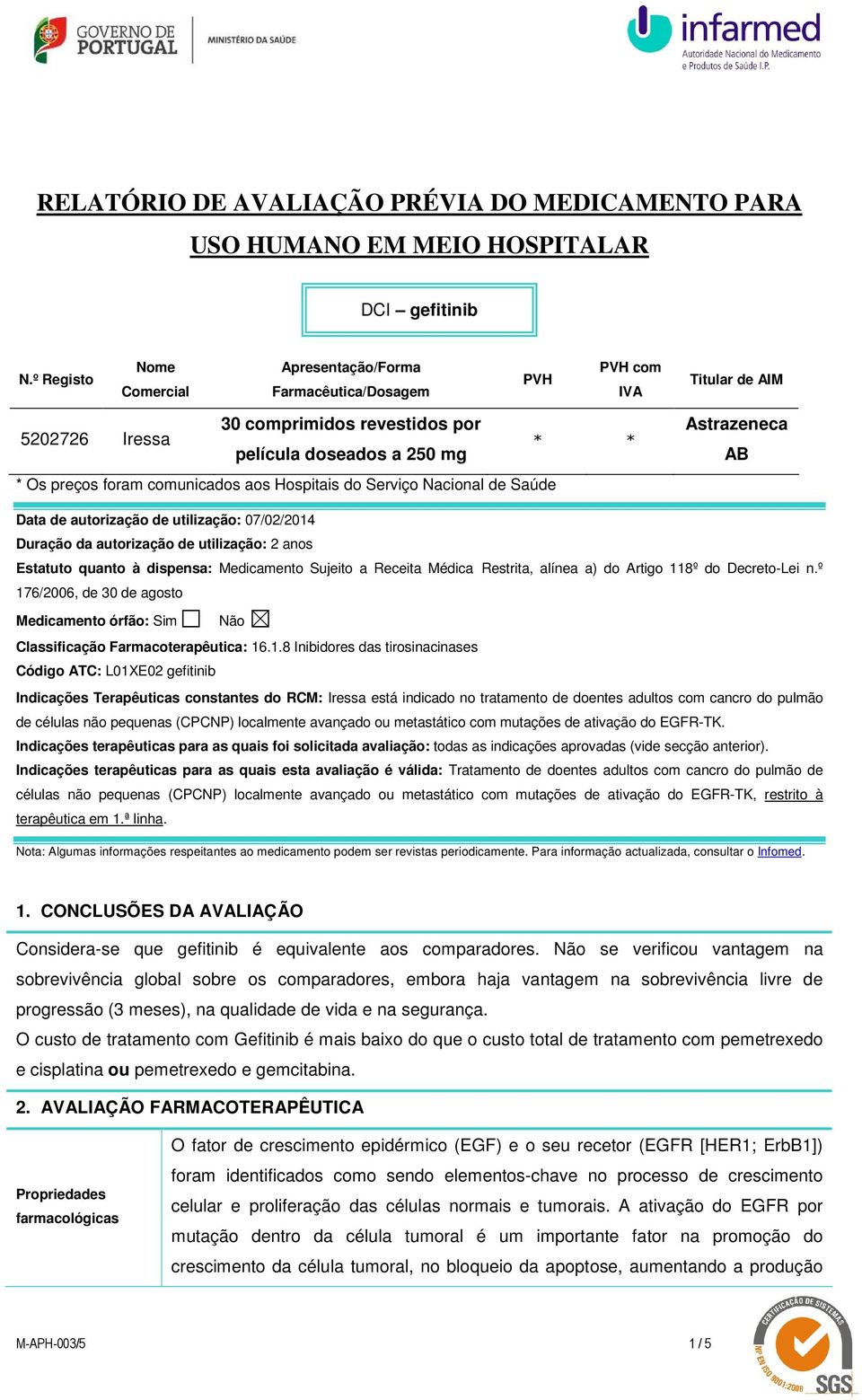 comunicados aos Hospitais do Serviço Nacional de Saúde Astrazeneca AB Data de autorização de utilização: 07/02/2014 Duração da autorização de utilização: 2 anos Estatuto quanto à dispensa: