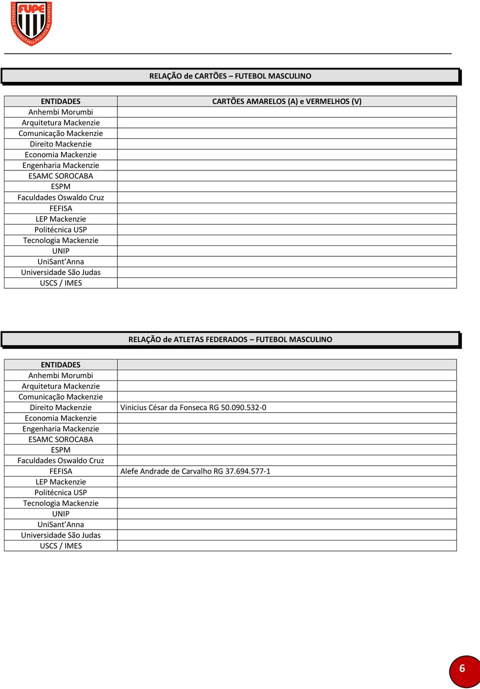 FEDERADOS FUTEBOL MASCULINO ENTIDADES Anhembi Morumbi Arquitetura Mackenzie Comunicação Mackenzie Direito Mackenzie Vinicius César da Fonseca RG 50.090.