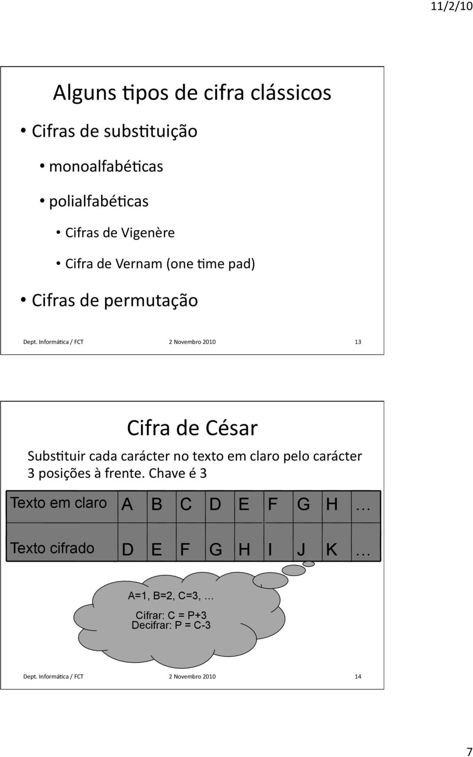InformáHca / FCT 2 Novembro 2010 13 Cifra de César SubsHtuir cada carácter no texto em claro pelo carácter 3