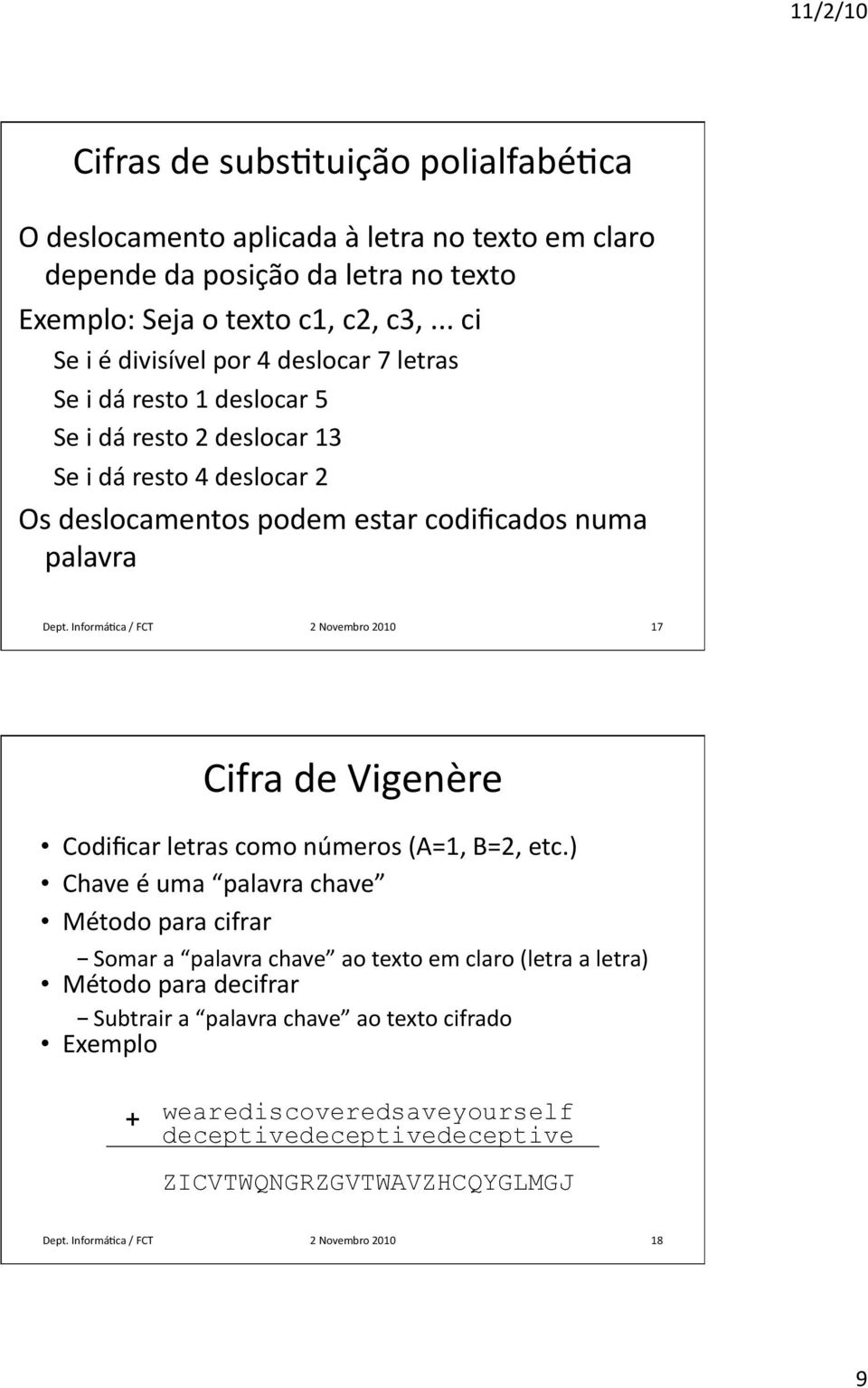 InformáHca / FCT 2 Novembro 2010 17 Cifra de Vigenère Codificar letras como números (A=1, B=2, etc.