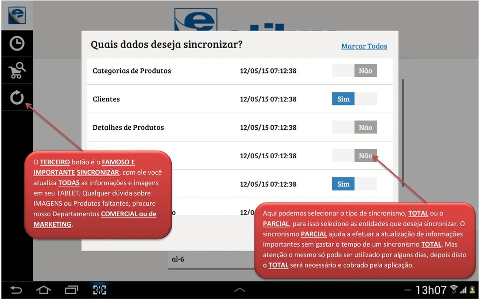 Aqui podemos selecionar o tipo de sincronismo, TOTAL ou o PARCIAL, para isso selecione as entidades que deseja sincronizar.