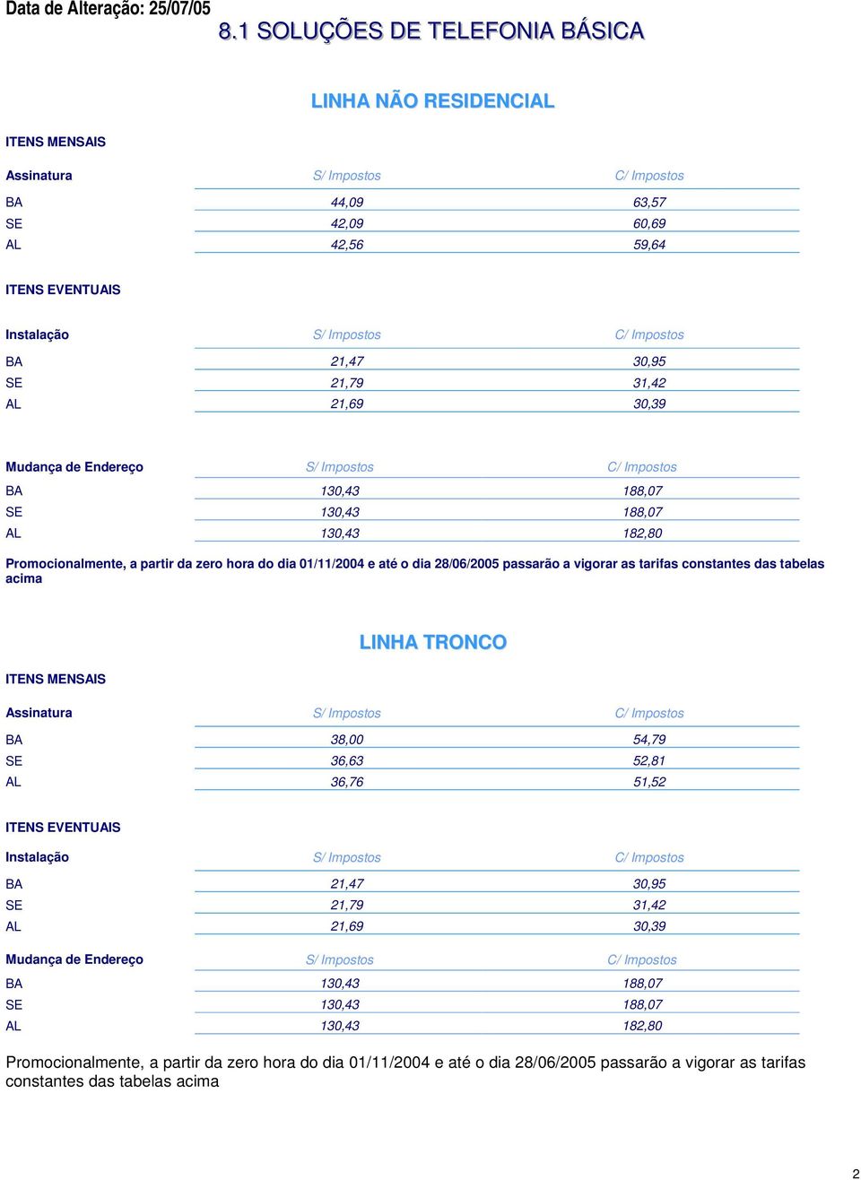 constantes das tabelas acima LINHA TRONCO ITENS MENSAIS Assinatura BA 38,00 54,79 SE 36,63 52,81 AL 36,76 51,52 ITENS EVENTUAIS Instalação BA 21,47 30,95 SE 21,79 31,42 AL 21,69  constantes das