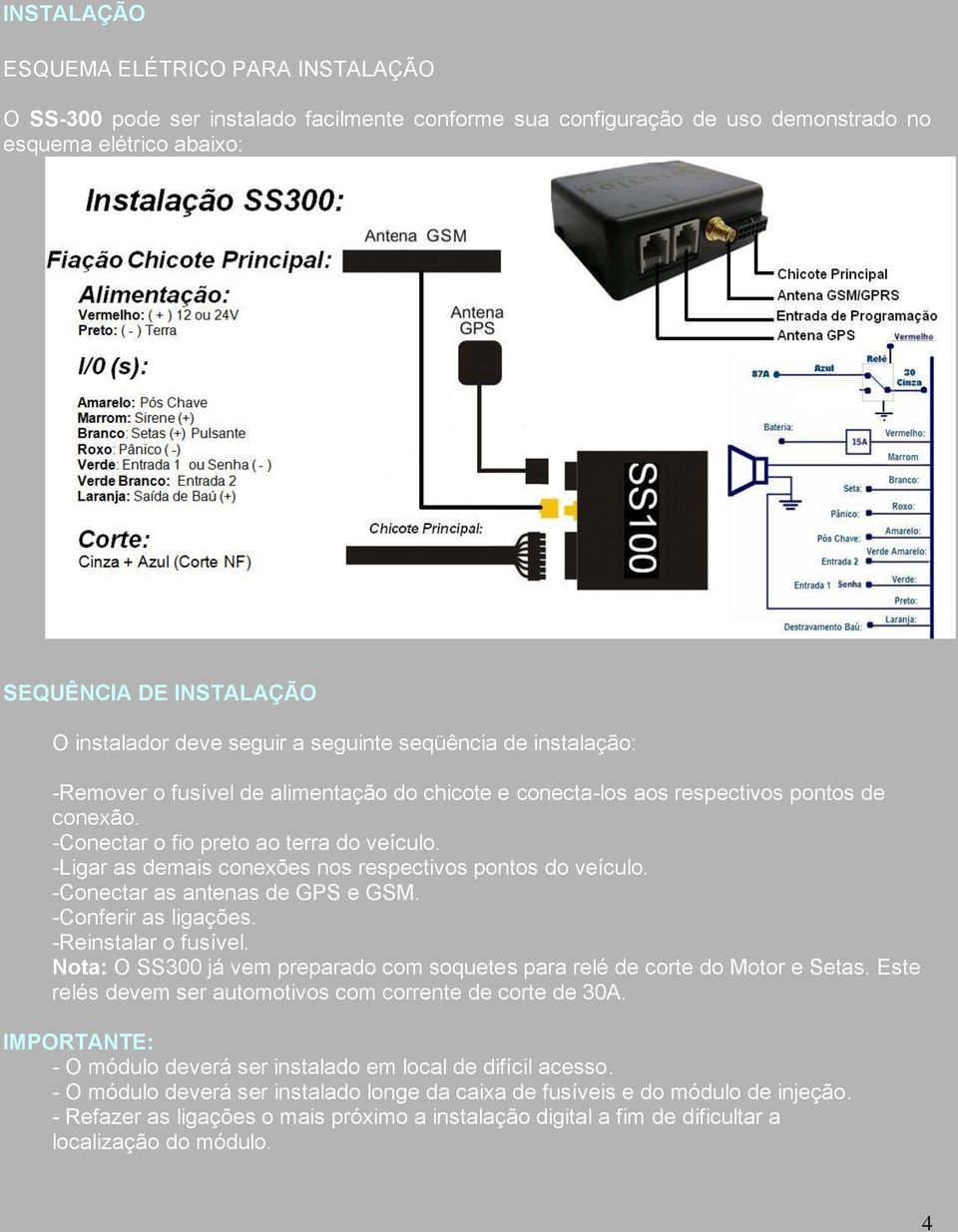 -Ligar as demais conexões nos respectivos pontos do veículo. -Conectar as antenas de GPS e GSM. -Conferir as ligações. -Reinstalar o fusível.