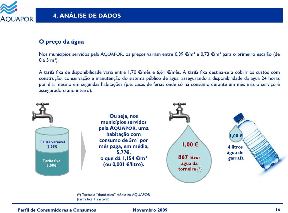 A tarifa fixa destina-se a cobrir os custos com construção, conservação e manutenção do sistema público de água, assegurando a disponibilidade da água 24 horas por dia, mesmo em segundas habitações