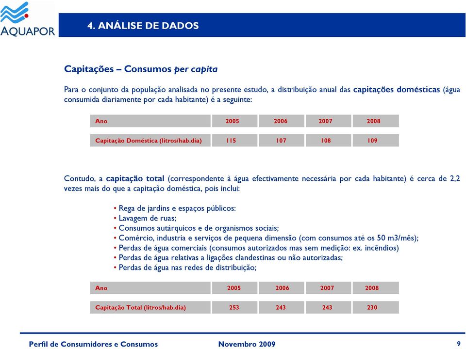 dia) 115 107 108 109 Contudo, a capitação total (correspondente à água efectivamente necessária por cada habitante) é cerca de 2,2 vezes mais do que a capitação doméstica, pois inclui: Rega de