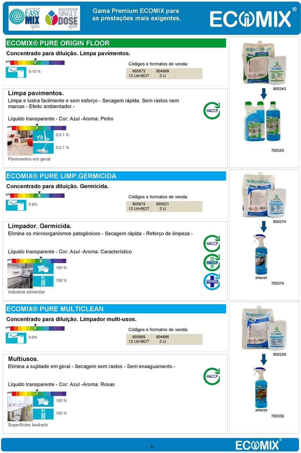 Sem rastos nem marcas - Efeito ambientador - 800343 Líquido transparente - Cor: Azul -Aroma: Pinho 700343 Pavimentos em geral ECOMIX PURE LIMP.GERMICIDA Concentrado para diluição. Germicida.