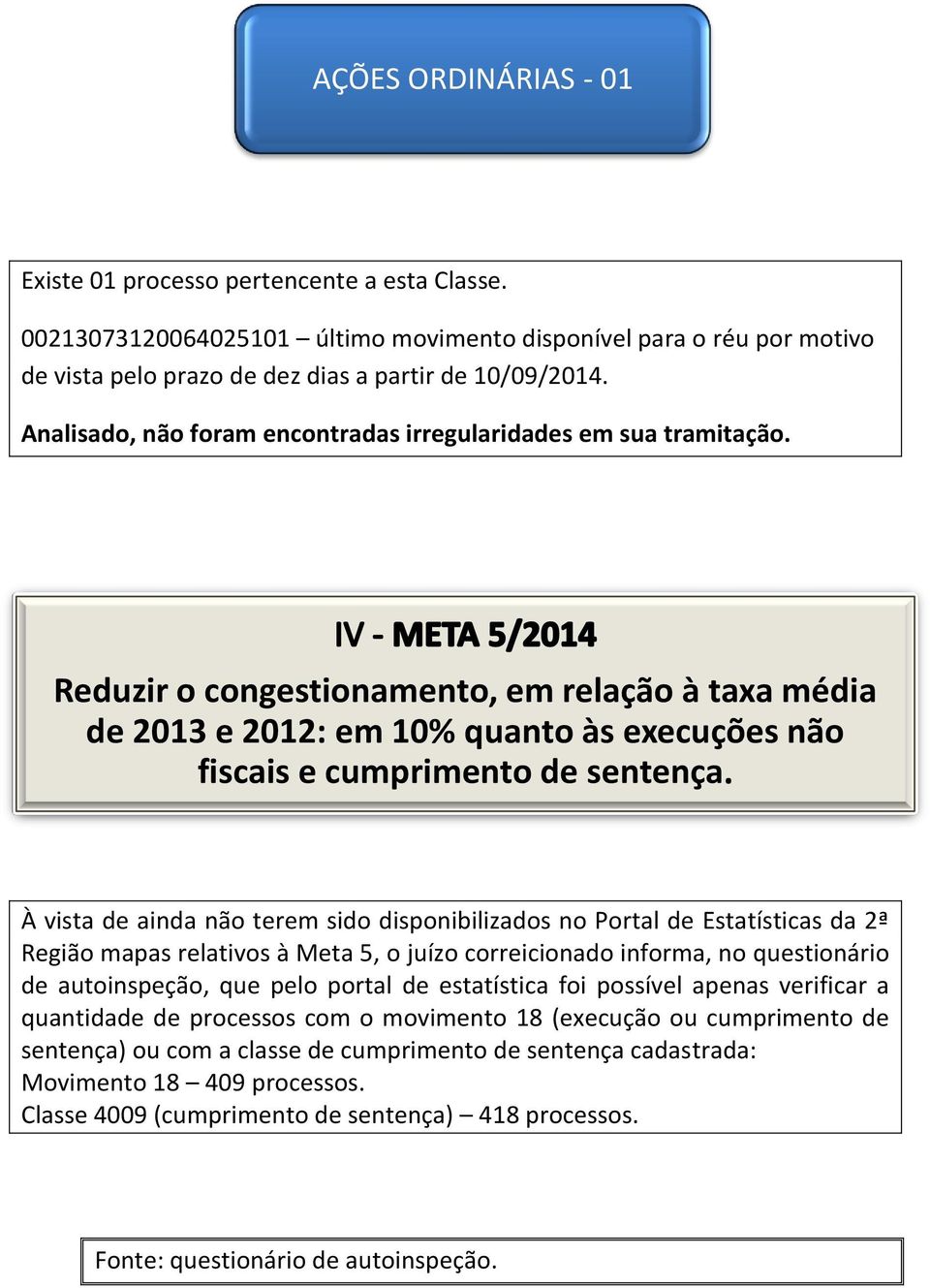 Reduzir o congestionamento, em relação à taxa média de 2013 e 2012: em 10% quanto às execuções não fiscais e cumprimento de sentença À vista de ainda não terem sido disponibilizados no Portal de