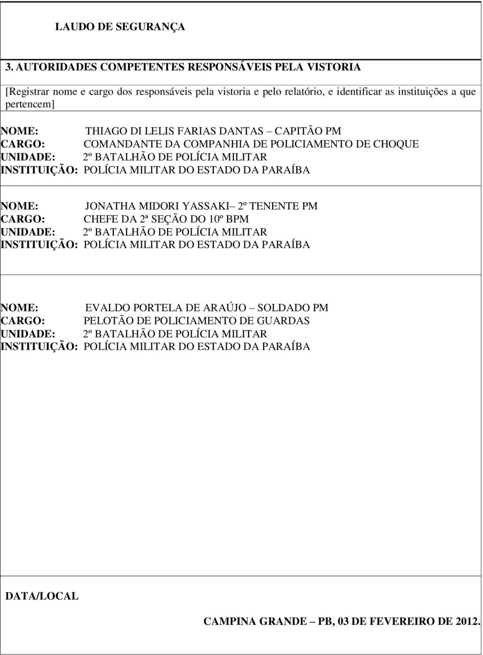 FARIAS DANTAS CAPITÃO PM CARGO: COMANDANTE DA COMPANHIA DE POLICIAMENTO DE CHOQUE UNIDADE: 2º BATALHÃO DE POLÍCIA MILITAR INSTITUIÇÃO: POLÍCIA MILITAR DO ESTADO DA PARAÍBA NOME: JONATHA MIDORI