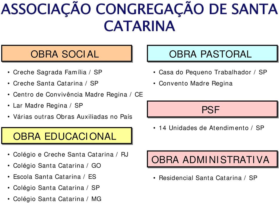 Colégio Santa Catarina / GO Escola Santa Catarina / ES Colégio Santa Catarina / SP Colégio Santa Catarina / MG OBRA PASTORAL Casa do