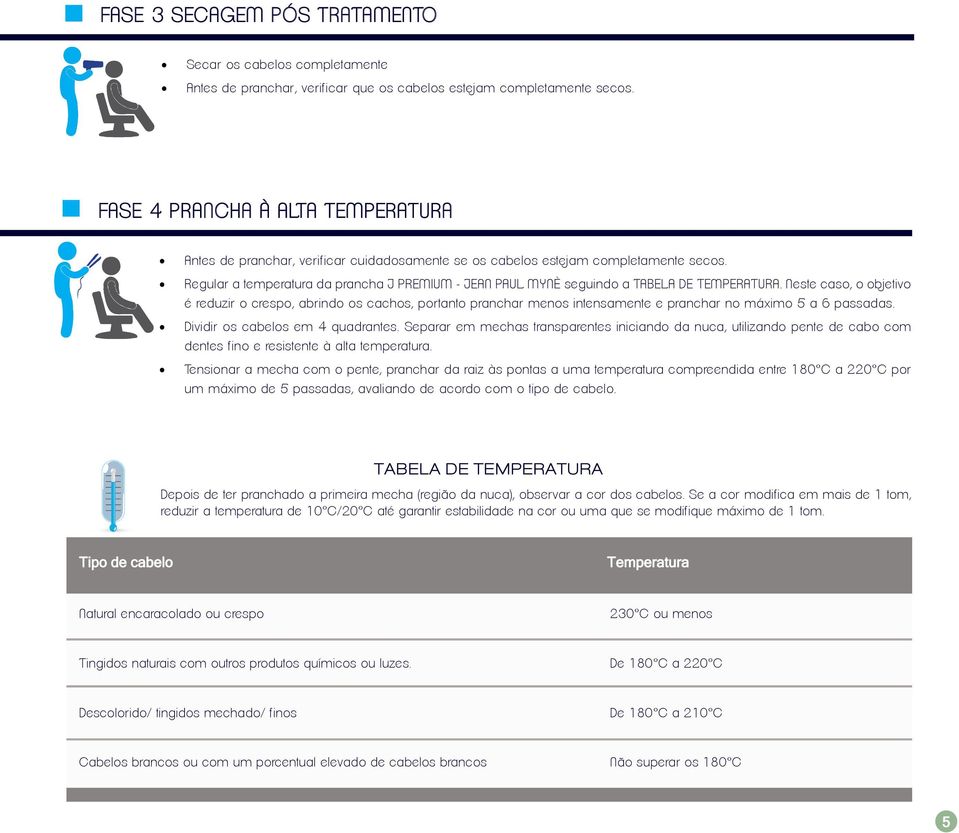 Regular a temperatura da prancha J PREMIUM - JEAN PAUL MYNÈ seguindo a TABELA DE TEMPERATURA.