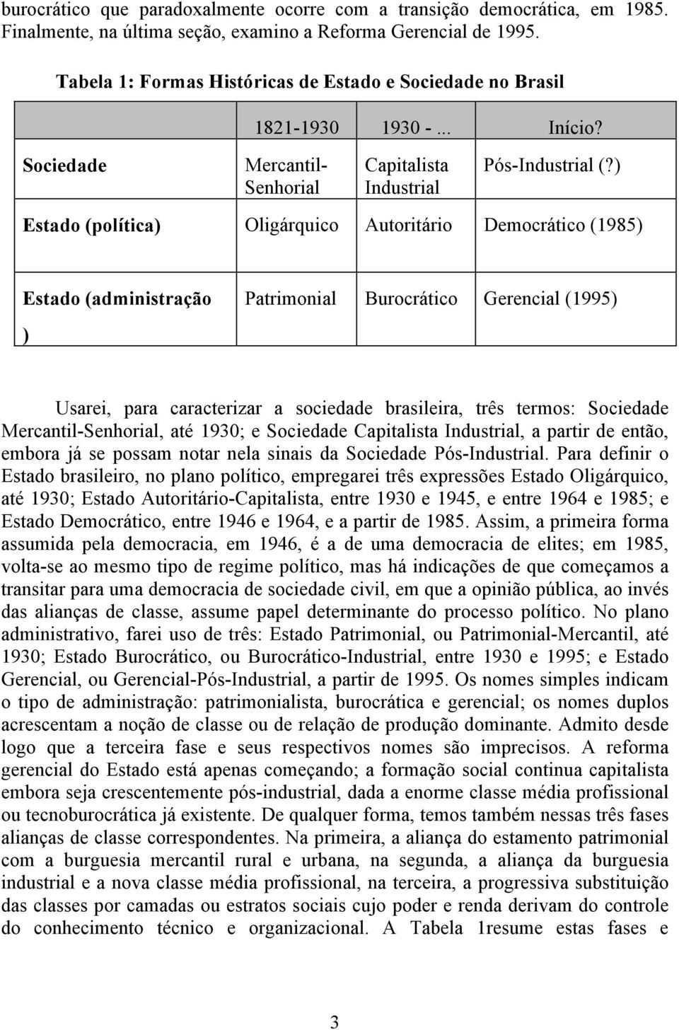 ) Estado (política) Oligárquico Autoritário Democrático (1985) Estado (administração ) Patrimonial Burocrático Gerencial (1995) Usarei, para caracterizar a sociedade brasileira, três termos: