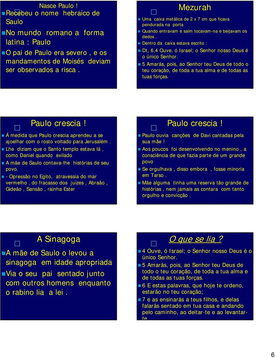 Dentro da caixa estava escrito : Dt, 6,4 Ouve, ó Israel; o Senhor nosso Deus é o único Senhor. 5 Amarás, pois, ao Senhor teu Deus de todo o teu coração, de toda a tua alma e de todas as tuas forças.