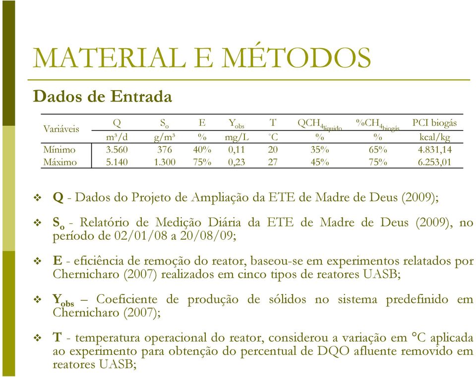 253,01 Q - Dados do Projeto de Ampliação da ETE de Madre de Deus (2009); S o - Relatório de Medição Diária da ETE de Madre de Deus (2009), no período de 02/01/08 a 20/08/09; E - eficiência de