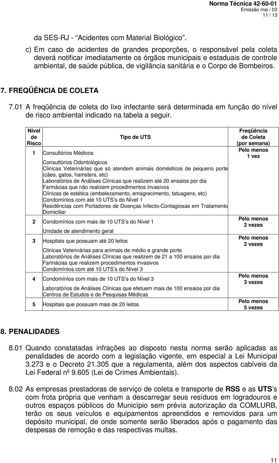 sanitária e o Corpo de Bombeiros. 7. FREQÜÊNCIA DE COLETA 7.01 A freqüência de coleta do lixo infectante será determinada em função do nível de risco ambiental indicado na tabela a seguir.