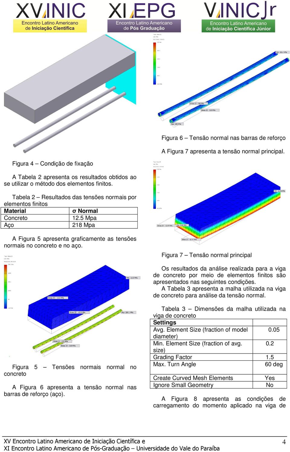 Tabela 2 Resultados das tensões normais por elementos finitos Material σ Normal Concreto 12.5 Mpa Aço 218 Mpa A Figura 5 apresenta graficamente as tensões normais no concreto e no aço.