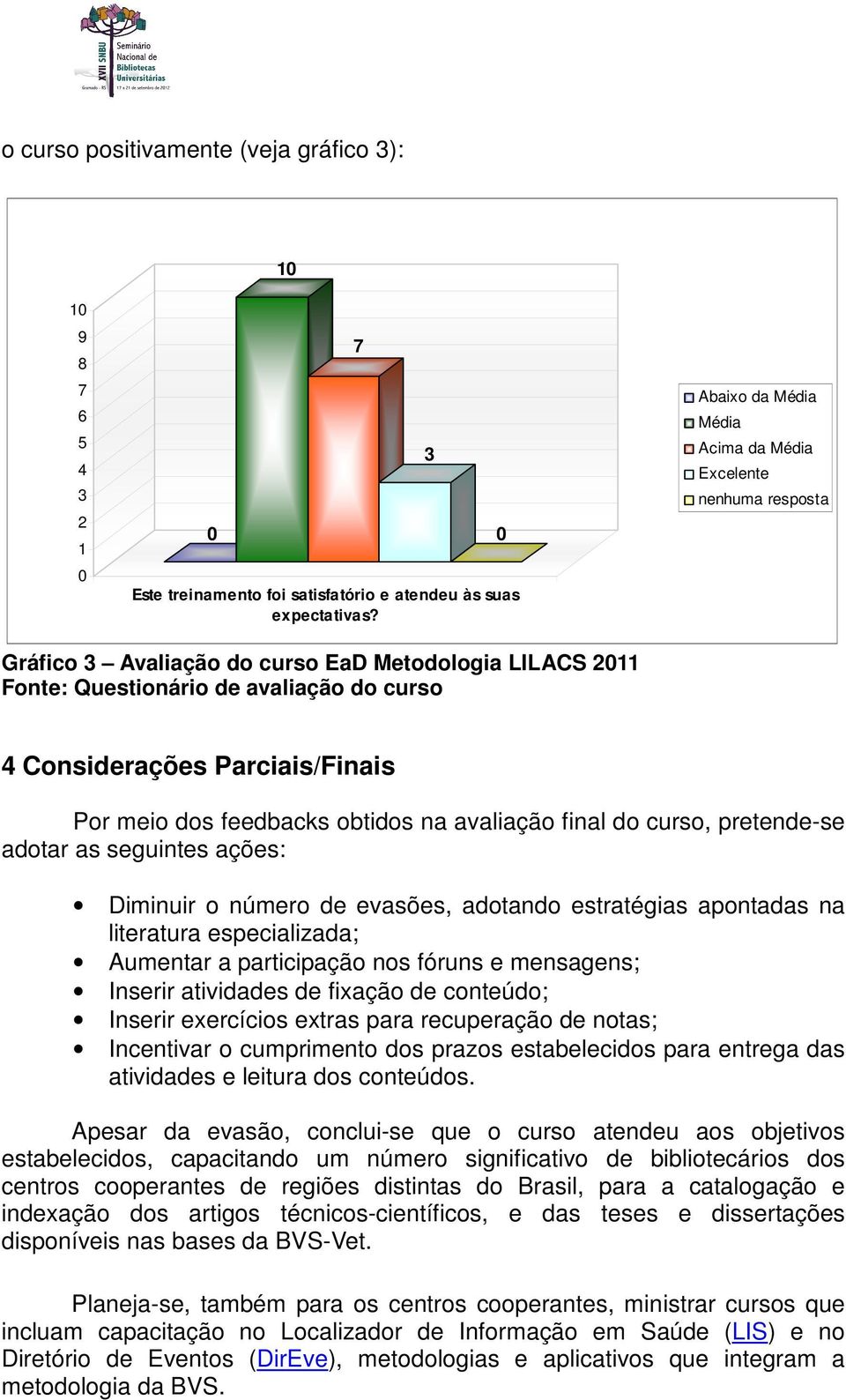 final do curso, pretende-se adotar as seguintes ações: Diminuir o número de evasões, adotando estratégias apontadas na literatura especializada; Aumentar a participação nos fóruns e mensagens;