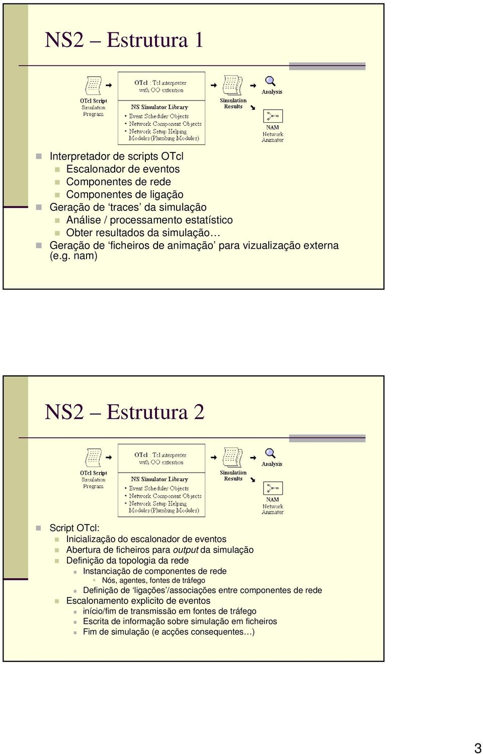 nam) NS2 Estrutura 2 Script OTcl: Inicialização do escalonador de eventos Abertura de ficheiros para output da simulação Definição da topologia da rede Instanciação de componentes de