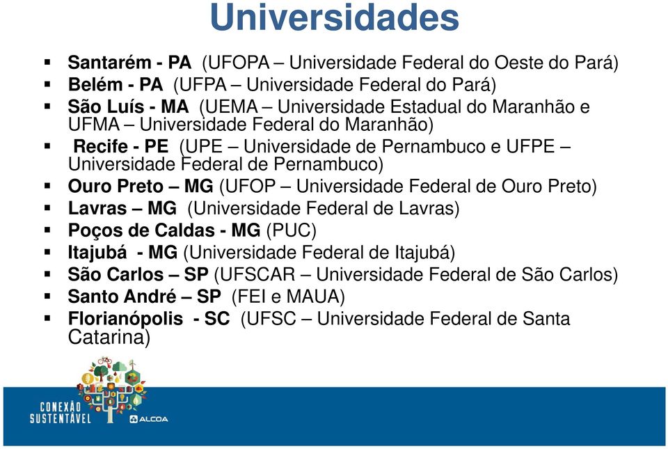 Preto MG (UFOP Universidade Federal de Ouro Preto) Lavras MG (Universidade Federal de Lavras) Poços de Caldas - MG (PUC) Itajubá - MG (Universidade Federal