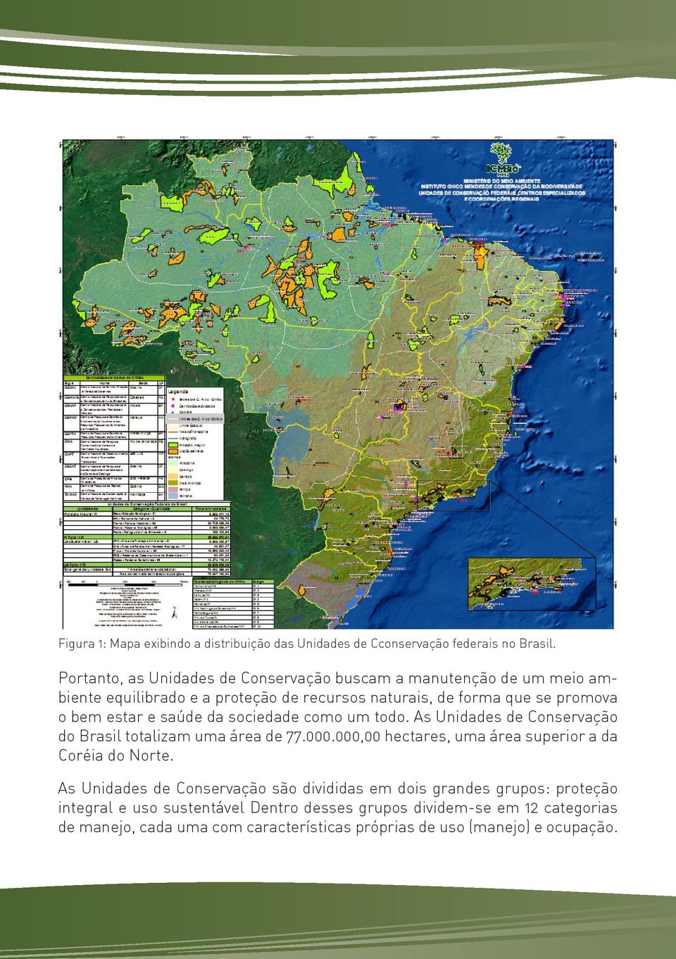 sociedade como um todo. As Unidades de Conservação do Brasil totalizam uma área de 77.000.000,00 hectares, uma área superior a da Coréia do Norte.