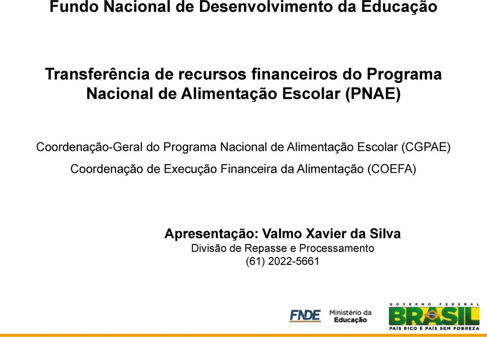 de Alimentação Escolar (CGPAE) Coordenação de Execução Financeira da Alimentação