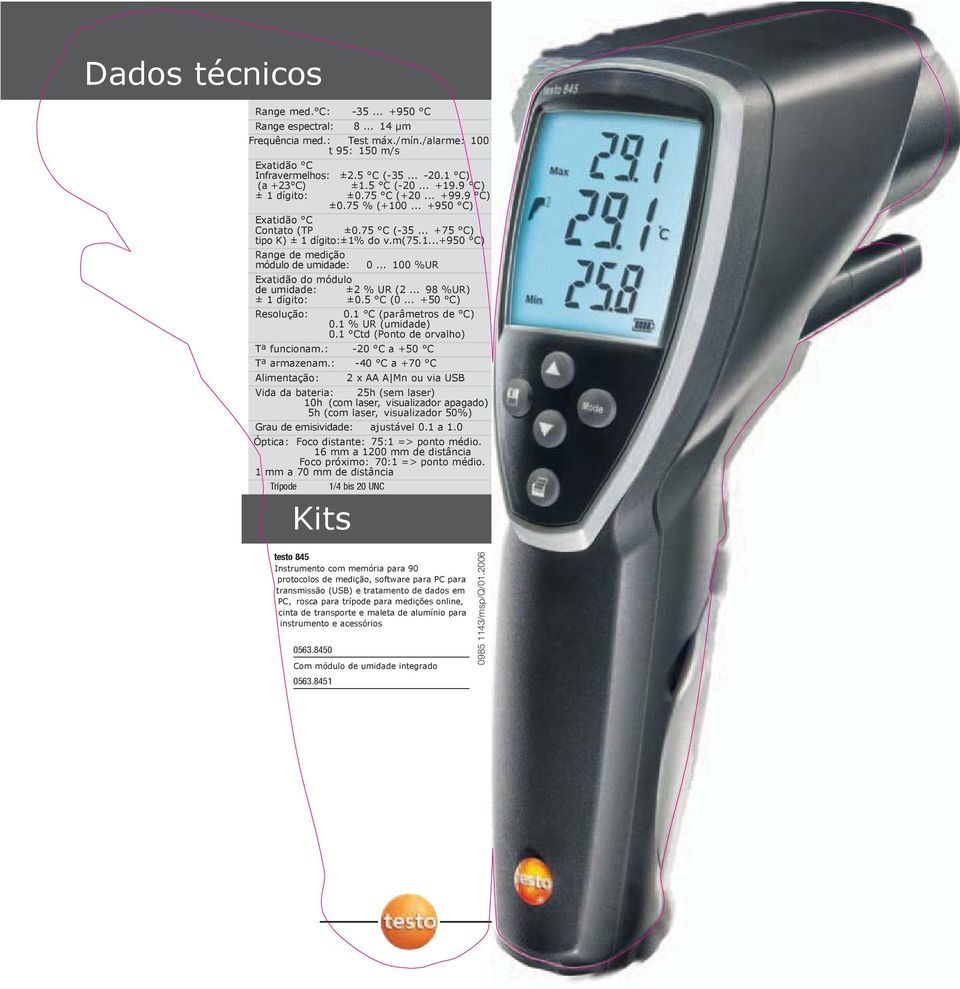 .. 100 %UR Exatidão do módulo de umidade: ±2 % UR (2... 98 %UR) ± 1 dígito: ±0.5 C (0... +50 C) Resolução: 0.1 C (parâmetros de C) 0.1 % UR (umidade) 0.1 Ctd (Ponto de orvalho) Tª funcionam.