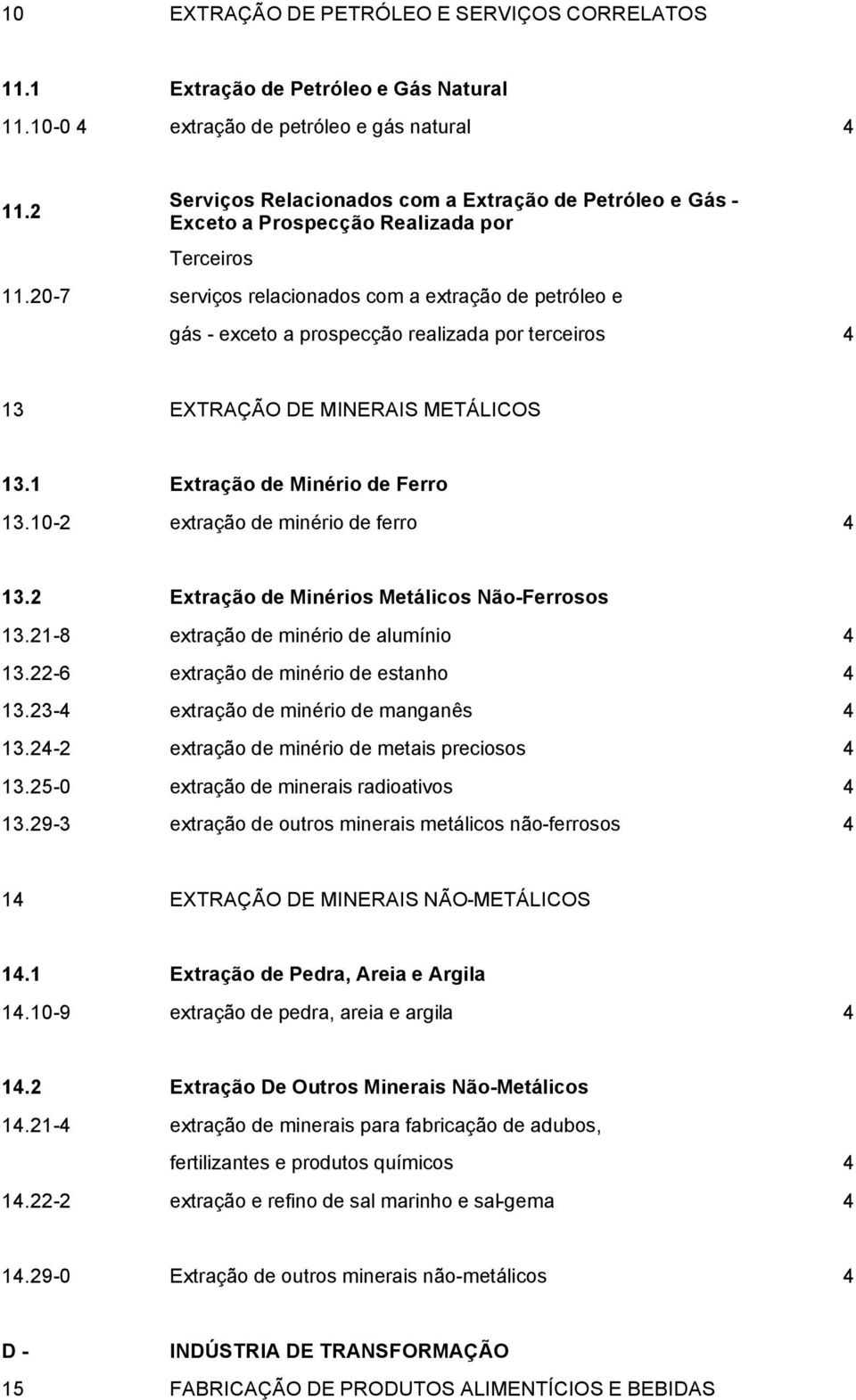 0-7 serviços relacionados com a extração de petróleo e gás - exceto a prospecção realizada por terceiros 4 1 EXTRAÇÃO DE MINERAIS METÁLICOS 1.1 Extração de Minério de Ferro 1.