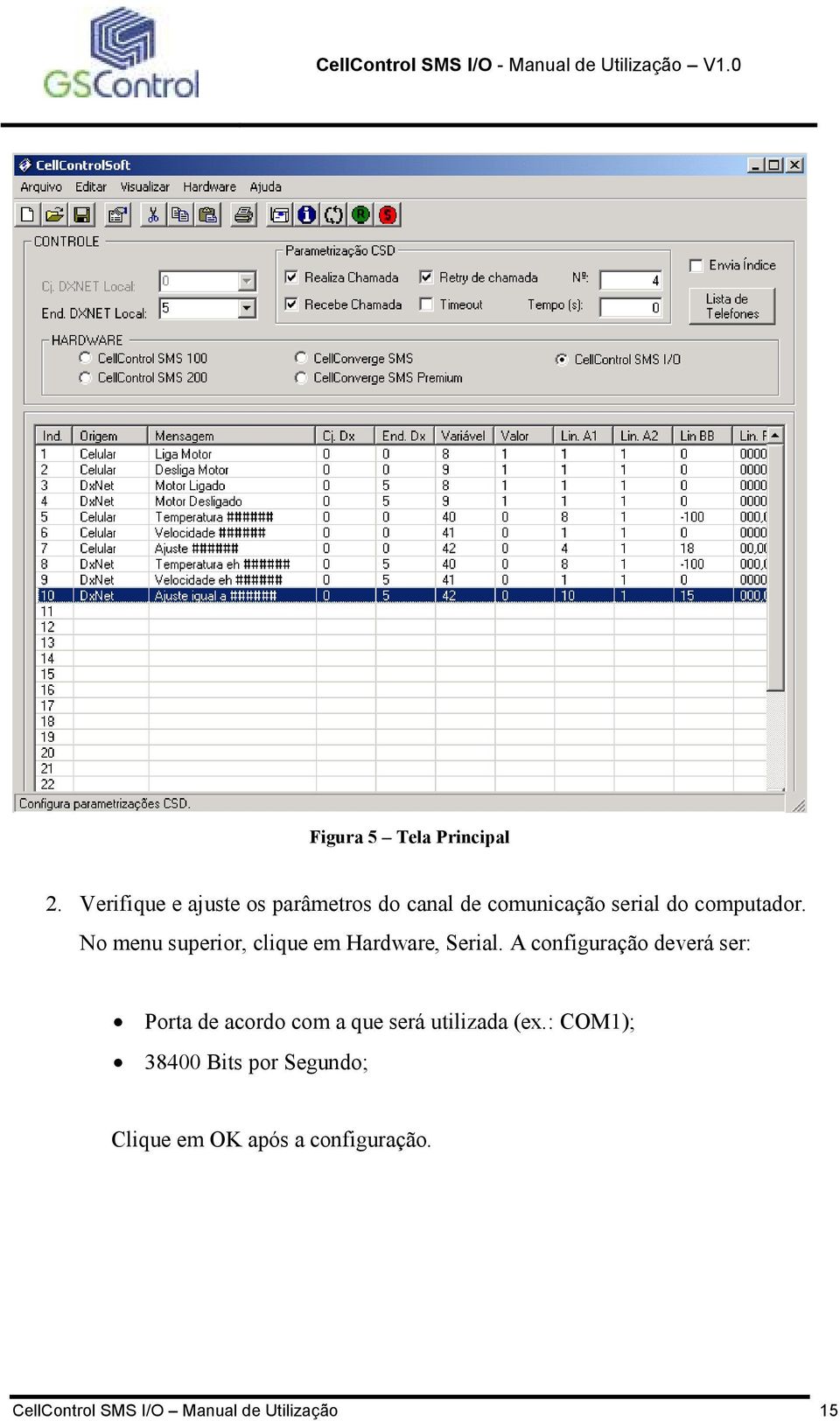 No menu superior, clique em Hardware, Serial.