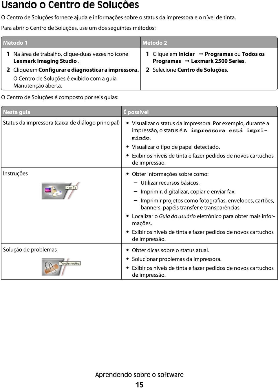2 Clique em Configurar e diagnosticar a impressora. O Centro de Soluções é exibido com a guia Manutenção aberta. 1 Clique em Iniciar Programas ou Todos os Programas Lexmark 2500 Series.