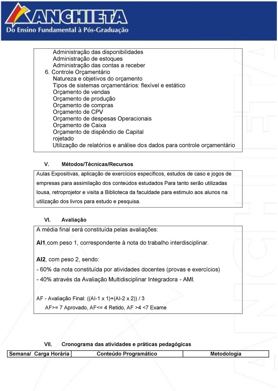 de despesas Operacionais Orçamento de Caixa Orçamento de dispêndio de Capital rojetado Utilização de relatórios e análise dos dados para controle orçamentário V.