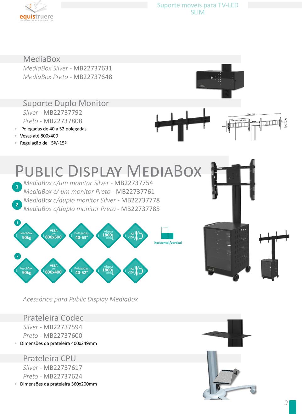 c/duplo monitor Silver - MB737778 MediaBox c/duplo monitor Preto - MB737785 800x500 40-63 800 +5º -5º 800x400 40-5 800 +5º -5º Acessórios para Public Display