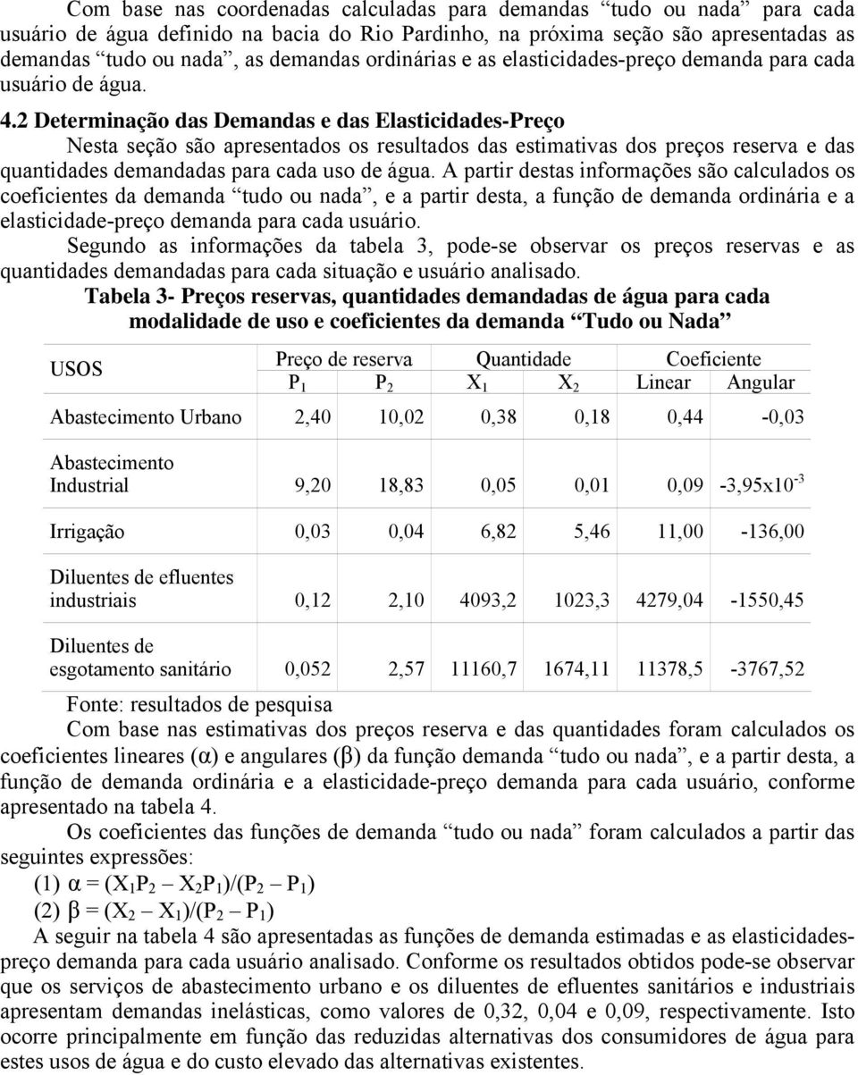 2 Deteminação das Demandas e das Elasticidades-Peço Nesta seção são apesentados os esultados das estimativas dos peços eseva e das quantidades demandadas paa cada uso de água.