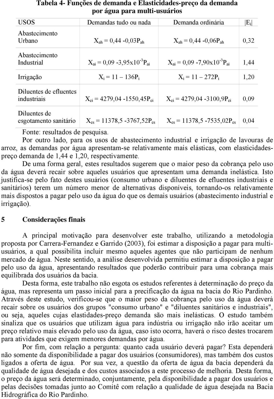 = 4279,04-3100,9P ei 0,09 Diluentes de esgotamento sanitáio X es = 11378,5-3767,52P es X es = 11378,5-7535,02P es 0,04 Fonte: esultados de pesquisa.