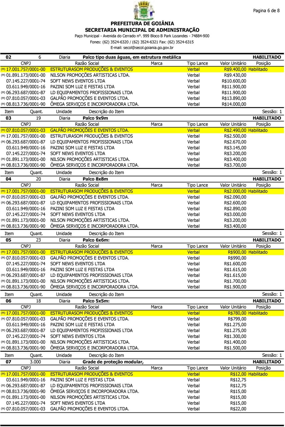 500,00 R$2.670,00 R$3.145,00 R$3.200,00 01.891.173/0001-00 R$3.400,00 R$3.700,00 04 20 Diaria Palco 8x8m Tipo Lance Posição 17.001.757/0001-00 ESTRUTURASOM PRODUÇÕES & EVENTOS R$2.