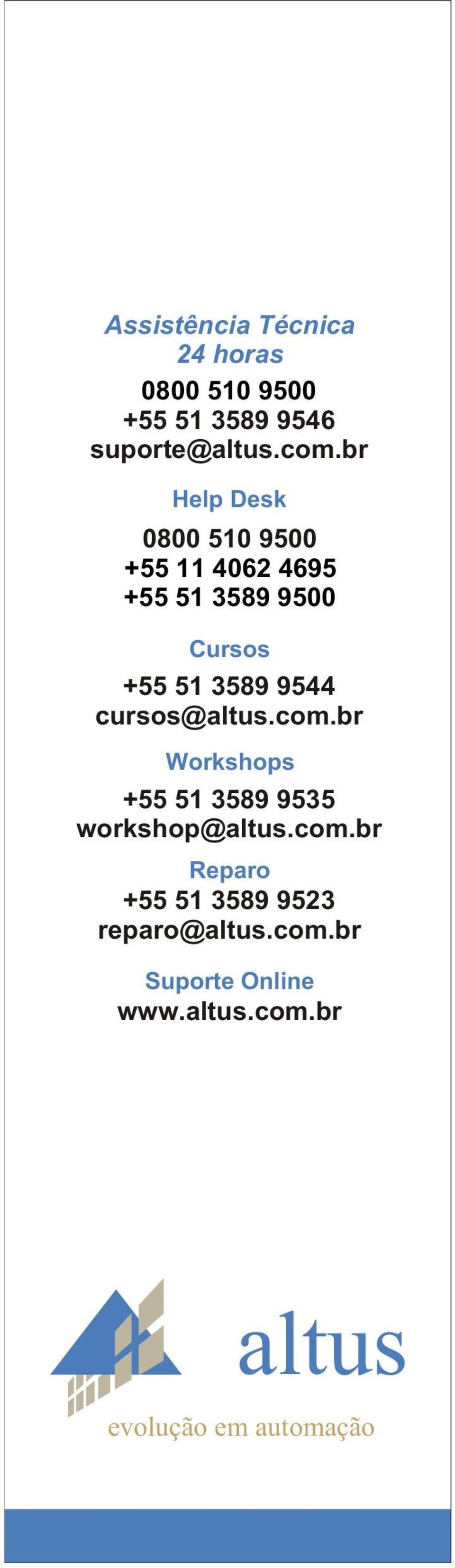 9544 cursos@altus.com.br Workshops +55 51 3589 9535 workshop@altus.com.br Reparo +55 51 3589 9523 reparo@altus.