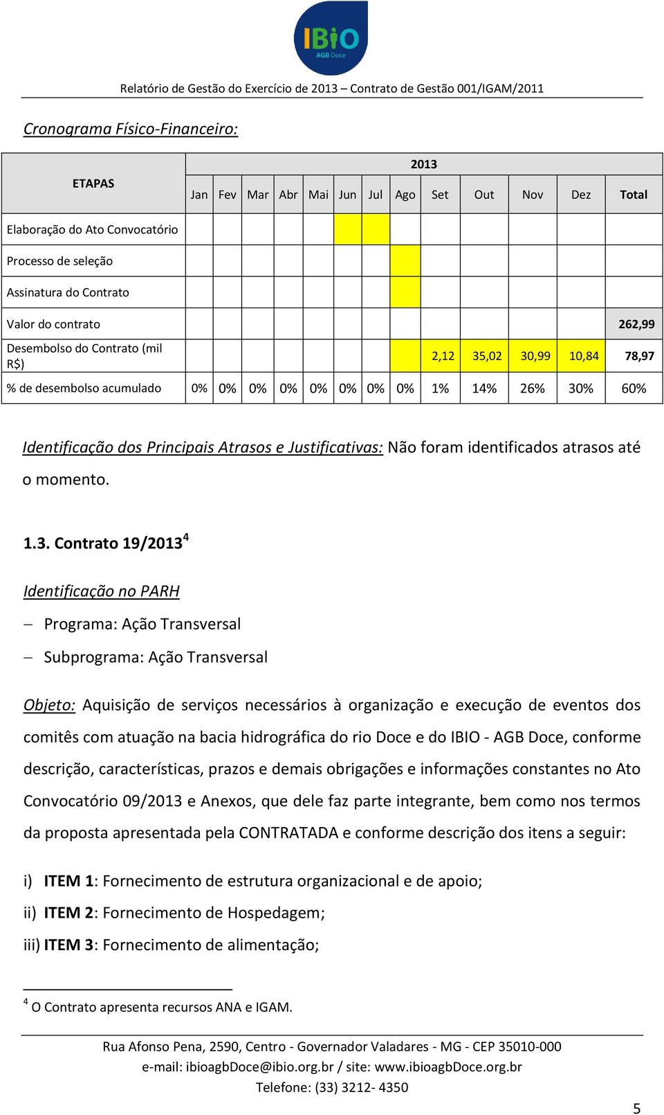 Contrato 19/2013 4 Identificação no PARH Programa: Ação Transversal Subprograma: Ação Transversal Objeto: Aquisição de serviços necessários à organização e execução de eventos dos comitês com atuação