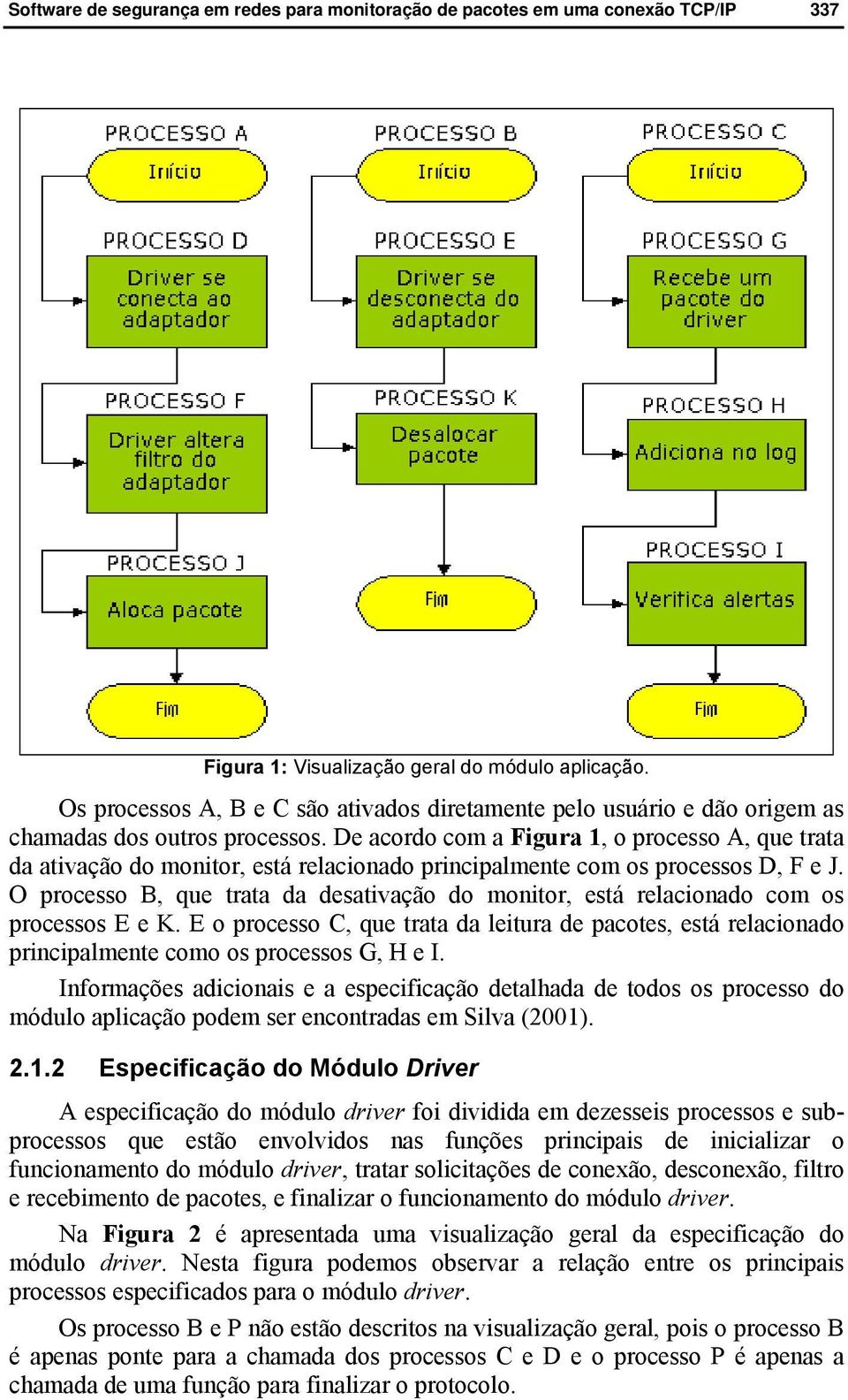 O processo B, que trata da desativação do monitor, está relacionado com os processos E e K. E o processo C, que trata da leitura de pacotes, está relacionado principalmente como os processos G, H e I.