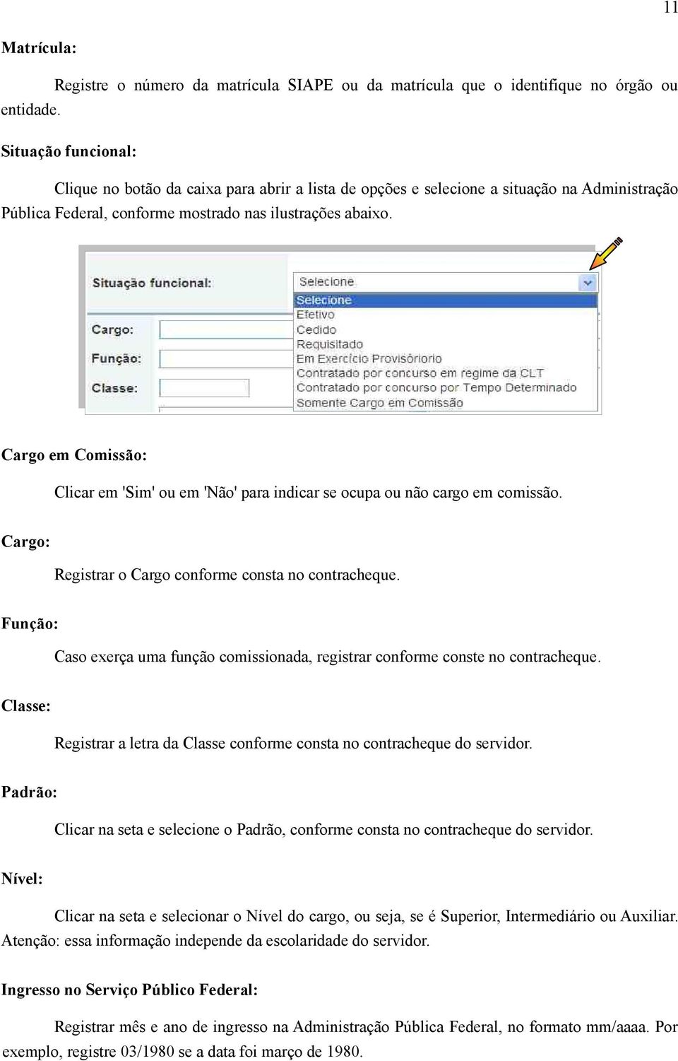 Cargo em Comissão: Clicar em 'Sim' ou em 'Não' para indicar se ocupa ou não cargo em comissão. Cargo: Registrar o Cargo conforme consta no contracheque.