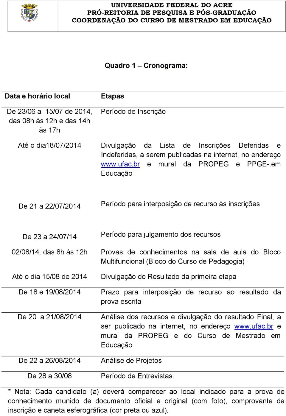 em Educação De 21 a 22/07/2014 Período para interposição de recurso às inscrições De 23 a 24/07/14 Período para julgamento dos recursos 02/08/14, das 8h às 12h Provas de conhecimentos na sala de aula