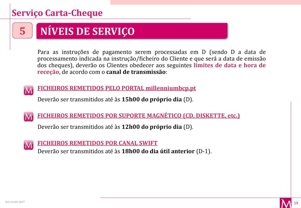 FICHEIROS REMETIDOS PELO PORTAL millenniumbcp.pt Deverão ser transmitidos até às 15h00 do próprio dia (D).