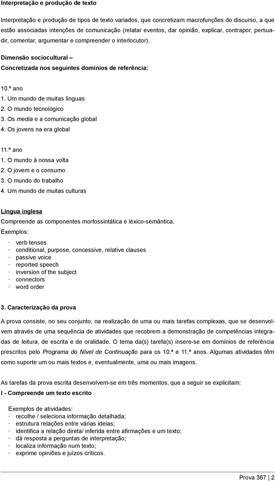 Um mundo de muitas línguas 2. O mundo tecnológico 3. Os media e a comunicação global 4. Os jovens na era global 11.º ano 1. O mundo à nossa volta 2. O jovem e o consumo 3. O mundo do trabalho 4.